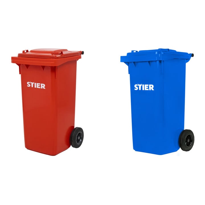 STIER 2-Rad-Müllgroßbehälter 120 l rot BxTxH 475x550x930 mm + STIER 2-Rad-Müllgroßbehälter 120 l blau BxTxH 475x550x930 mm