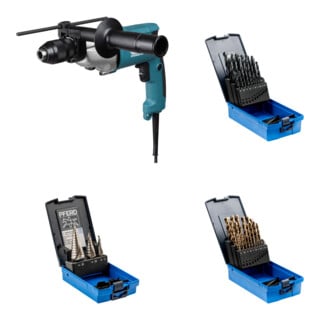 Set MAKITA 2-Gang-Elektronik-Bohrmaschine DP4011J + Stufenbohrer-Set HSS 3-tlg. + Spiralbohrer-Set 25-tlg. STEEL HSSG N DIN 338 universal + Spiralbohrer-Set 25-tlg. INOX HSSE N DIN 338