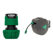 Set STIER Schlauchverbinder Wasserstop 16-19mm (5/8-3/4 Zoll) + Garten-Schlauchtrommel SGS-200 20+2 m mit Sprühpistole Automatik schwenkbar