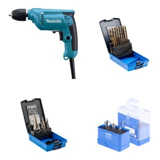 Set Makita Bohrmaschine 450 W 6413 + Stufenbohrer-Set HSS 3-tlg. + HSS-Kegelsenker-Set 3-tlg. DIN 335 C 90° + Spiralbohrer-Set 19-tlg. INOX HSSE N DIN 338