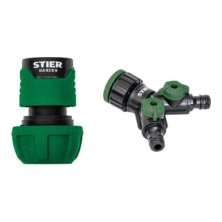Set STIER Schlauchverbinder Wasserstop 16-19mm (5/8-3/4 Zoll) + 2 Wege-Ventil / Verteiler Premium 33,3mm G1 Zoll und 26,5mm G3/4 Zoll