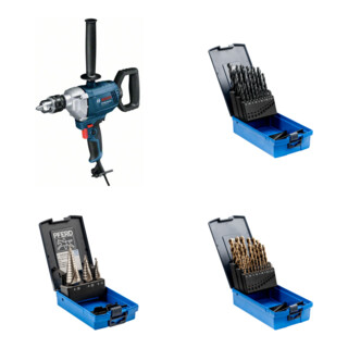 Set Bosch Bohrmaschine GBM 1600 RE + Stufenbohrer-Set HSS 3-tlg. + Spiralbohrer-Set 25-tlg. STEEL HSSG N DIN 338 + Spiralbohrer-Set 25-tlg. INOX HSSE N DIN 338