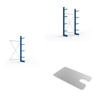 Set Kragarmregal AF eins. 2500x1330x400 mm MULTI.L + Kragarmregal GF eins. 2500x1330x400 mm MULTI.L + KR Ständer IPE 120 einseitig 2500x400 mm in RAL 5010 enzianblau MULTISTRONG L + KR 330 Boden 1300x400 verzinkt + KR Sockelboden 1300x400 verzinkt + Unter
