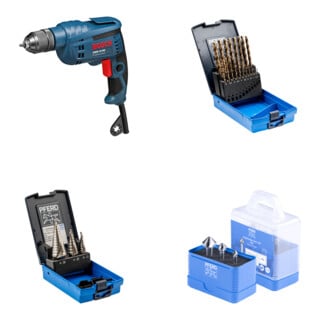 Set BOSCH Bohrmaschine GBM 10 RE + PFERD TOOLS Stufenbohrer-Set HSS 3-tlg. + PFERD TOOLS HSS-Kegelsenker-Set 3-tlg. DIN 335 C 90° + PFERD TOOLS Spiralbohrer-Set 19-tlg. INOX HSSE N DIN 338