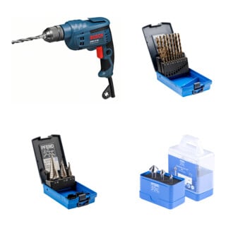 Set BOSCH Bohrmaschine GBM 10 RE + PFERD TOOLS Stufenbohrer-Set HSS 3-tlg. + PFERD TOOLS HSS-Kegelsenker-Set 3-tlg. DIN 335 C 90° + PFERD TOOLS Spiralbohrer-Set 19-tlg. INOX HSSE N DIN 338
