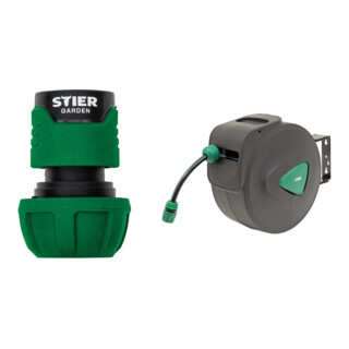 Set STIER Schlauchverbinder Wasserstop 16-19mm (5/8-3/4 Zoll) + Garten-Schlauchtrommel SGS-300, 30+2 m, mit Sprühpistole, Automatik, schwenkbar
