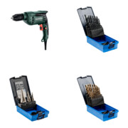 Set Metabo Bohrmaschine BE 650 Karton + PFERD TOOLS Stufenbohrer-Set HSS 3-tlg. + PFERD TOOLS Spiralbohrer-Set 25-tlg. STEEL HSSG N DIN 338 universal + PFERD TOOLS Spiralbohrer-Set 25-tlg. INOX HSSE N DIN 338 für zähe und harte Werkstoffe