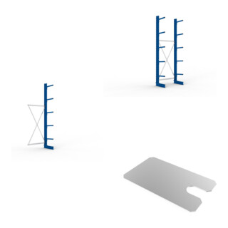 Set Kragarmregal AF eins. 3000x1000x400mm blau + Kragarmregal GF eins. 3000x1000x400mm blau + KR Ständer IPE 120 einseitig 3000x400 mm in RAL 5010 enzianblau MULTISTRONG L + KR 330 Boden 1000x400 verzinkt + Sockelboden 1000x400 mm verzinkt + Unterlegblech