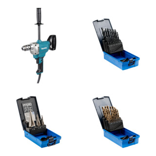 Set Makita Bohrmaschine 750 W DS4012J + PFERD TOOLS Stufenbohrer-Set HSS 3-tlg. + PFERD TOOLS Spiralbohrer-Set 25-tlg. STEEL HSSG N DIN 338 universal + PFERD TOOLS Spiralbohrer-Set 25-tlg. INOX HSSE N DIN 338 für zähe und harte Werkstoffe
