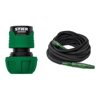 Set STIER Schlauchverbinder Wasserstop 16-19mm (5/8-3/4 Zoll) + flexibler Gartenschlauch Premium 15m bis 30m
