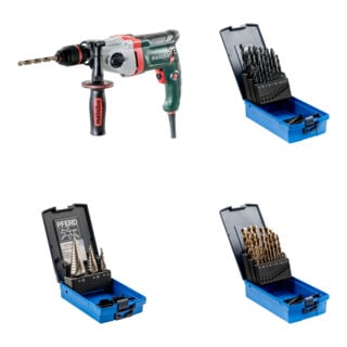 Set Metabo Bohrmaschine BE 850-2 Karton + PFERD TOOLS Stufenbohrer-Set HSS 3-tlg. + PFERD TOOLS Spiralbohrer-Set 25-tlg. STEEL HSSG N DIN 338 universal + PFERD TOOLS Spiralbohrer-Set 25-tlg. INOX HSSE N DIN 338 für zähe und harte Werkstoffe