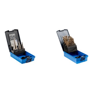Set Metabo Bohrmaschine BE 850-2 Karton + PFERD TOOLS Stufenbohrer-Set HSS 3-tlg. + PFERD TOOLS Spiralbohrer-Set 25-tlg. STEEL HSSG N DIN 338 universal + PFERD TOOLS Spiralbohrer-Set 25-tlg. INOX HSSE N DIN 338 für zähe und harte Werkstoffe