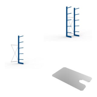 Set Kragarmregal AF eins. 3000x1000x600mm blau + Kragarmregal GF eins. 3000x1000x600mm blau + KR Ständer IPE 120 einseitig 3000x600 mm in RAL 5010 enzianblau MULTISTRONG L + KR 330 Boden 1000x600 verzinkt + Sockelboden 1000x600 mm verzinkt + Unterlegblech