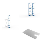Set Kragarmregal AF eins. 3000x1000x600mm blau + Kragarmregal GF eins. 3000x1000x600mm blau + KR Ständer IPE 120 einseitig 3000x600 mm in RAL 5010 enzianblau MULTISTRONG L + KR 330 Boden 1000x600 verzinkt + Sockelboden 1000x600 mm verzinkt + Unterlegblech