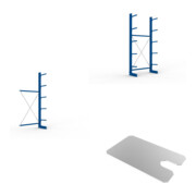 Set Kragarmregal AF eins. 3000x1330x400mm + Kragarmregal GF eins. 3000x1330x400mm + KR Ständer IPE 120 einseitig 3000x400 mm in RAL 5010 enzianblau MULTISTRONG L + KR 330 Boden 1300x400 verzinkt + KR Sockelboden 1300x400 verzinkt + Unterlegblech 1,5 mm + 