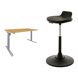 Set STIER Elektrisch Höhenverstellbarer Schreibtisch 501-33 180x80cm, Buche mel. + Multibeweglicher Drehhocker mit PU-Sitz schwarz,490-680mm, 12°Neigung, Rückenstütze