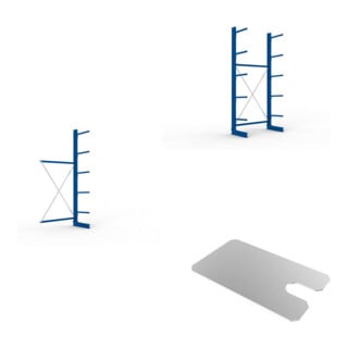 Set Kragarmregal AF eins. 3000x1330x500mm + Kragarmregal GF eins. 3000x1330x500mm + KR Ständer IPE 120 einseitig 3000x500 mm in RAL 5010 enzianblau MULTISTRONG L + KR 330 Boden 1300x500 verzinkt + KR Sockelboden 1300x500 verzinkt + Unterlegblech 1,5 mm