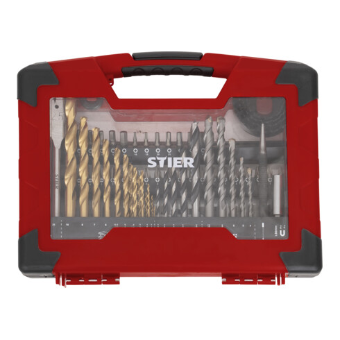 Set Makita Akku-Bohrschrauber DF333DSAE + STIER TiN-Bohrer-, Säge- und Bit-Set 100-teilig