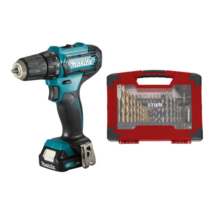 Set Makita Akku-Bohrschrauber DF333DSAE + STIER TiN-Bohrer-, Säge- und Bit-Set 100-teilig