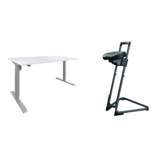 Set STIER Elektrisch Höhenverstellbarer Schreibtisch 501-33 160x80cm, Weiß mel. + Stehhilfe mit Stahlgestell Sitzhöhe 600-850 mm PU-Sitz