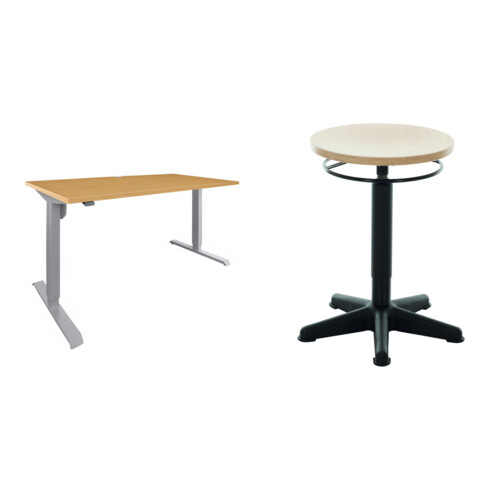 Set STIER Elektrisch Höhenverstellbarer Schreibtisch 501-33 160x80cm, Buche mel. + Arbeitshocker mit Gleitern Sitzhöhe 440-630mm Buche natur