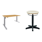 Set STIER Elektrisch Höhenverstellbarer Schreibtisch 501-33 160x80cm, Buche mel. + Arbeitshocker mit Gleitern Sitzhöhe 440-630mm Buche natur