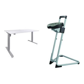 Set STIER Elektrisch Höhenverstellbarer Schreibtisch 501-33 160x80cm, Weiß mel. + Stehhilfe mit Stahlgestell grau Sitzhöhe 600-850 mm PU-Sitz