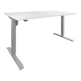 Set STIER Elektrisch Höhenverstellbarer Schreibtisch 501-33 160x80cm, Weiß mel. + Stehhilfe mit Stahlgestell grau Sitzhöhe 600-850 mm PU-Sitz