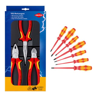 Set VDE-Zangenset Sicherheit 3-tlg. + Wera 160 iSS/7 Schraubendrehersatz Kraftform Plus Serie 100. Mit reduziertem Klingen- und Griffdurchmesser, 7-teilig