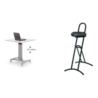 Set STIER Elektrisch höhenverstellbarer Steh-Tisch 80x60cm, Weiß mel. + Stehhilfe klappbar Sitzhöhe 600-850 mm PU-Sitz
