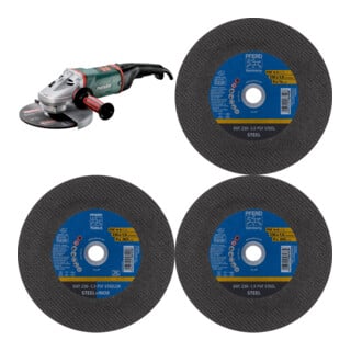 Set Metabo WE 26 230 MVT Quick * Winkelschleifer + Pferd Trennscheibe EHT 230-1,9 PSF + Pferd TOOLS Trennscheibe EHT 230x1,9x22,23 mm gerade Universallinie PSF STEELOX + Pferd TOOLS Trennscheibe EHT 230x3,0x22,23 mm gerade Universallinie PSF STEEL