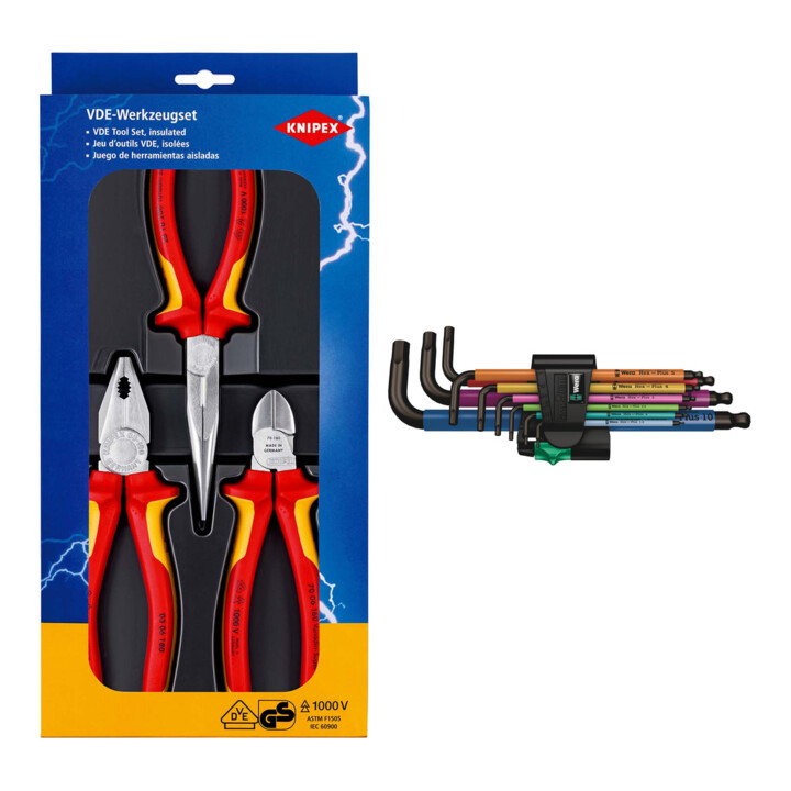 Set VDE Kit de pinces sécurité 3 pièces + Wera Jeu de tournevis d’angle 950 SPKL/ SM N SB 9 pièces Support en plastique SW 1,5-10 mm