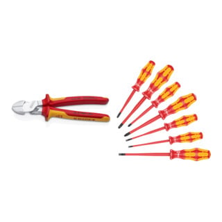 Set Kraftseitenschneider L.200mm VDE Form 0 Mehrkomp.-Hülsen + Wera 160 iSS/7 Schraubendrehersatz Kraftform Plus Serie 100. Mit reduziertem Klingen- und Griffdurchmesser, 7-teilig