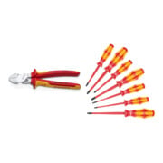 Set Kraftseitenschneider L.200mm VDE Form 0 Mehrkomp.-Hülsen + Wera 160 iSS/7 Schraubendrehersatz Kraftform Plus Serie 100. Mit reduziertem Klingen- und Griffdurchmesser, 7-teilig