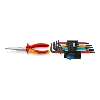 Set VDE Flachrundzange (Storchschnabelzange) gerade + Wera 967 SL/9 TORX® HF Multicolour Winkelschlüsselsatz mit Haltefunktion, 9-teilig