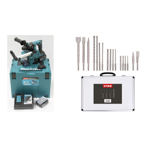 Set Makita Akku-Bohrhammer SDS+ 18V im MAKPAC Gr. 4 + Stier SDS-Plus Bohrer & Meißelsatz, 17-teilig