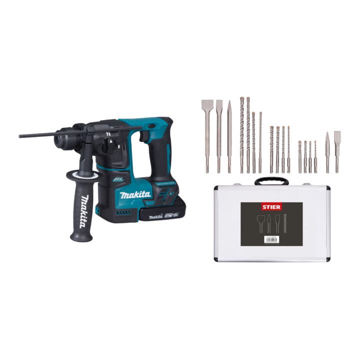 Set Makita Akku-Bohrhammer für SDS-PLUS 18 V + Stier SDS-Plus Bohrer & Meißelsatz, 17-teilig