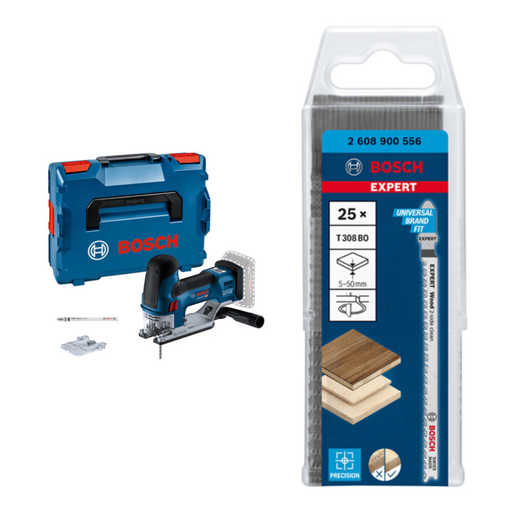 Set Bosch Akku-Stichsäge GST 18V-155 SC mit L-BOXX + EXPERT ‘Wood 2-side clean’ T 308 BO Stichsägeblatt