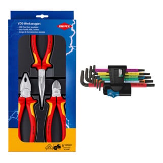 Set VDE-Zangenset Sicherheit 3-tlg. + Wera 967 SL/9 TORX® HF Multicolour Winkelschlüsselsatz mit Haltefunktion, 9-teilig