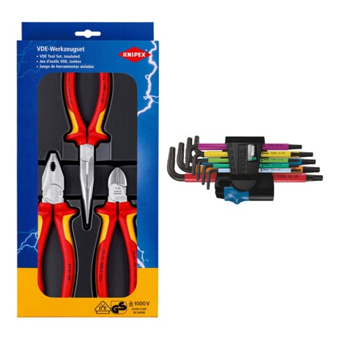 Set VDE-Zangenset Sicherheit 3-tlg. + Wera 967 SL/9 TORX® HF Multicolour Winkelschlüsselsatz mit Haltefunktion, 9-teilig