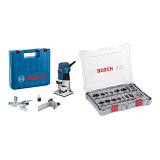 Set Bosch Kantenfräse GKF 600, Gabelschlüssel 17 mm mit Führungshilfe + Fräser-Set 8-mm-Schaft 15-teilig
