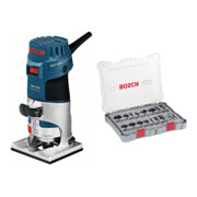 Set Bosch Kantenfräse GKF 600, Gabelschlüssel 17 mm mit Führungshilfe + Fräser-Set 8-mm-Schaft 15-teilig