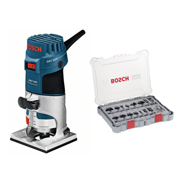 Set Bosch Défonceuse GKF 600, clé à fourche 17 mm avec guide + Set de fraises 8 mm, 15 pièces