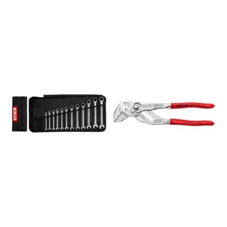 Set Stier Maul-Ringratschenschlüssel-Satz SW 8 - 19 mm 12-teilig + KNIPEX (86 03 180) Zangenschlüssel 180 mm