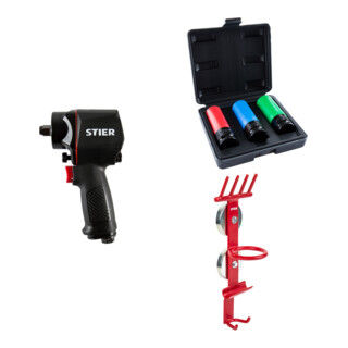 Set Stier Schlagschrauber 14-KBS 1/2'' Antrieb + Kraft-Steckschlüssel-Satz 1/2'' SW 17/19/21 mm im Kasten + Magnet-Halter für Schlagschrauber & Stecknüsse Werkstattausrüstung