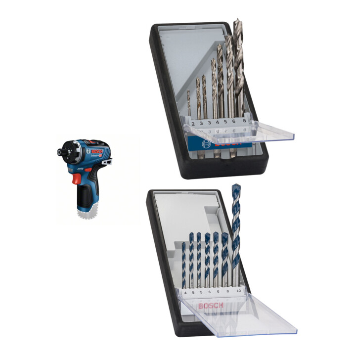 Set Bosch Akku-Schrauber GSR 12V-35 HX + 7tlg. Robust Line Holzspiralbohrer-Set + 7tlg. Robust Line Betonbohrer-Set