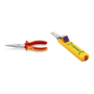 Set VDE Flachrundzange (Storchschnabelzange) gerade + Jokari Kabelmesser No.28H Secura8-28mm m.Hakenkli.