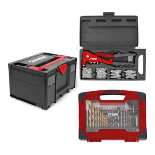 Set STIER Systainer³ III Black Edition + TiN-Bohrer-, Säge- und Bit-Set 100-teilig + Blindnieten-Satz mit Handnietzange und Blindnieten 201-teilig