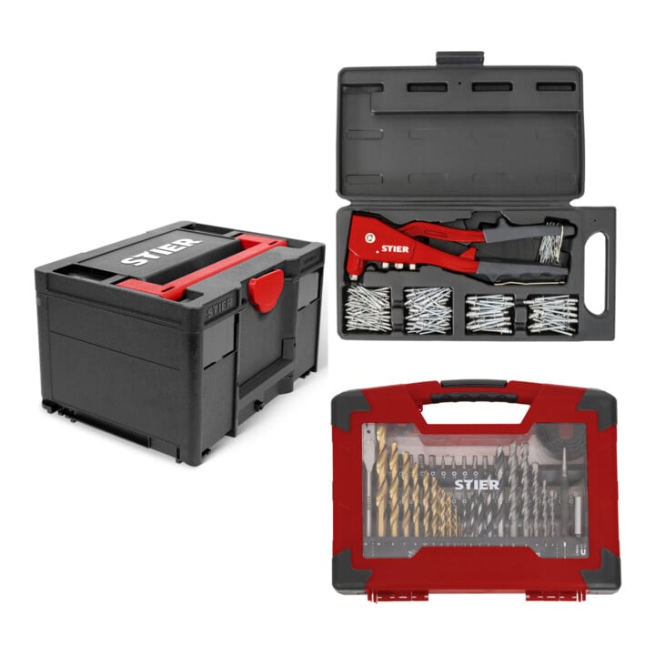 Set STIER Systainer³ III Black Edition + TiN-Bohrer-, Säge- und Bit-Set 100-teilig + Blindnieten-Satz mit Handnietzange und Blindnieten 201-teilig
