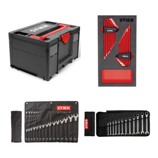 Set STIER Systainer³ III Black Edition + Ringmaulschlüssel-Satz SW 6 - 32 mm 21-teilig + Winkelschraubendreher-Satz 6KT/TX 16-teilig in Weichschaumeinlage (EVA) + Maul-Ringratschenschlüssel-Satz SW 8 - 19 mm 12-teilig